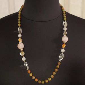 Rose Stone, Green/Pink Granite, Crystal Necklace